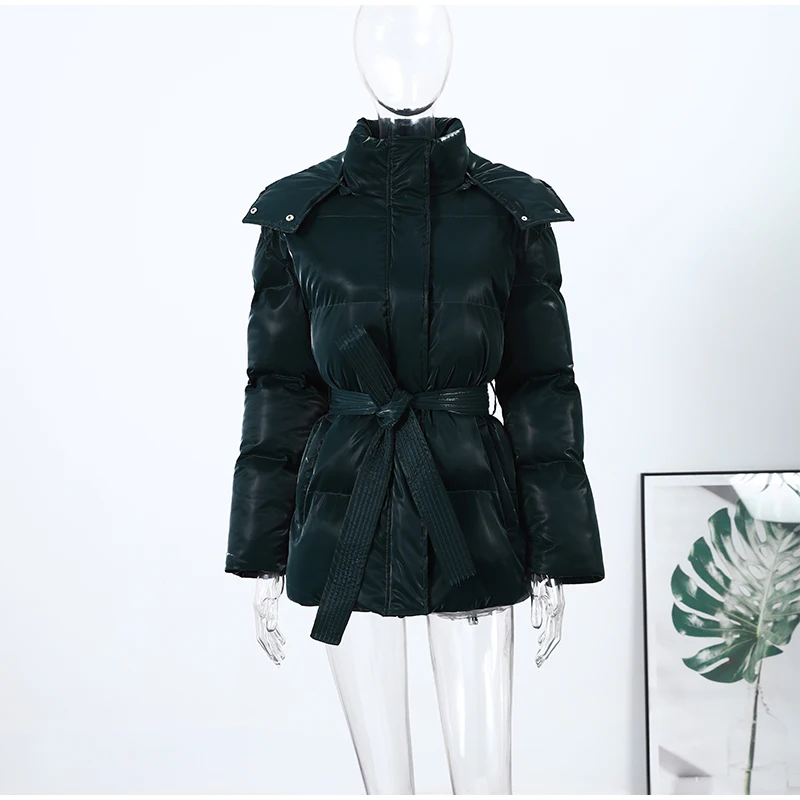 Reflective Fabric Hooded Cotton Jacket Woman Lace up Solid Color Loose Zipper Casual Coats Street Chic Women's New Warm Jackets