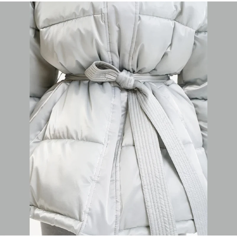 Reflective Fabric Hooded Cotton Jacket Woman Lace up Solid Color Loose Zipper Casual Coats Street Chic Women's New Warm Jackets
