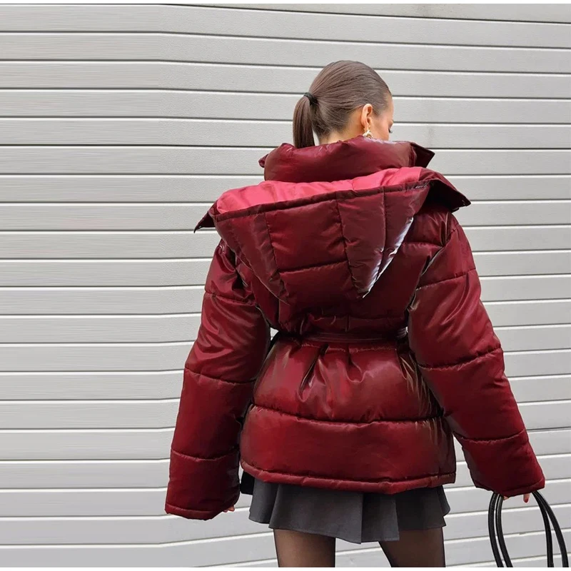 Reflective Fabric Hooded Cotton Jacket Woman Lace up Solid Color Loose Zipper Casual Coats Street Chic Women's New Warm Jackets