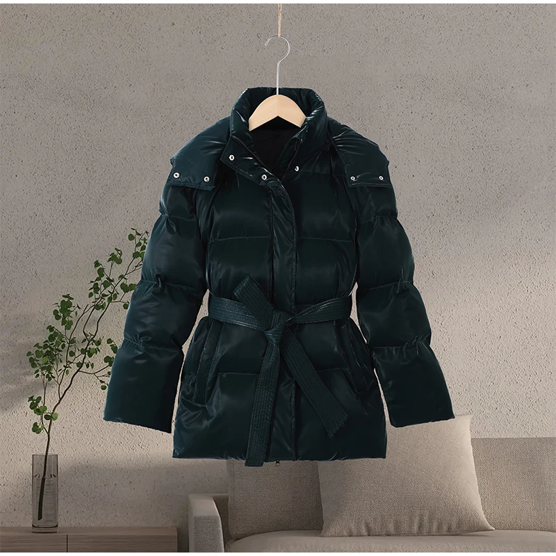Reflective Fabric Hooded Cotton Jacket Woman Lace up Solid Color Loose Zipper Casual Coats Street Chic Women's New Warm Jackets