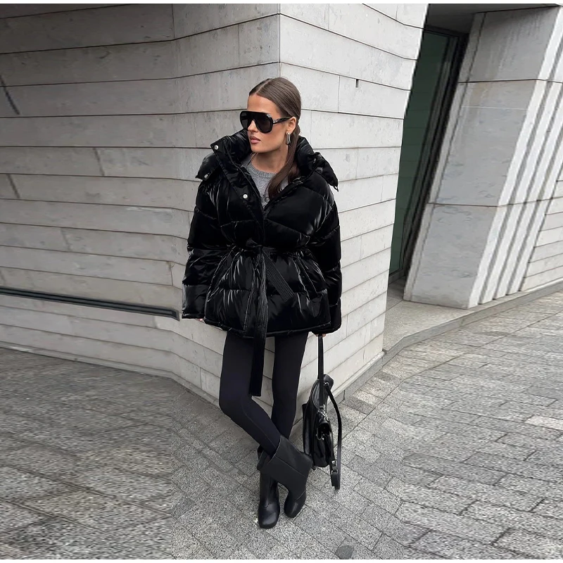 Reflective Fabric Hooded Cotton Jacket Woman Lace up Solid Color Loose Zipper Casual Coats Street Chic Women's New Warm Jackets