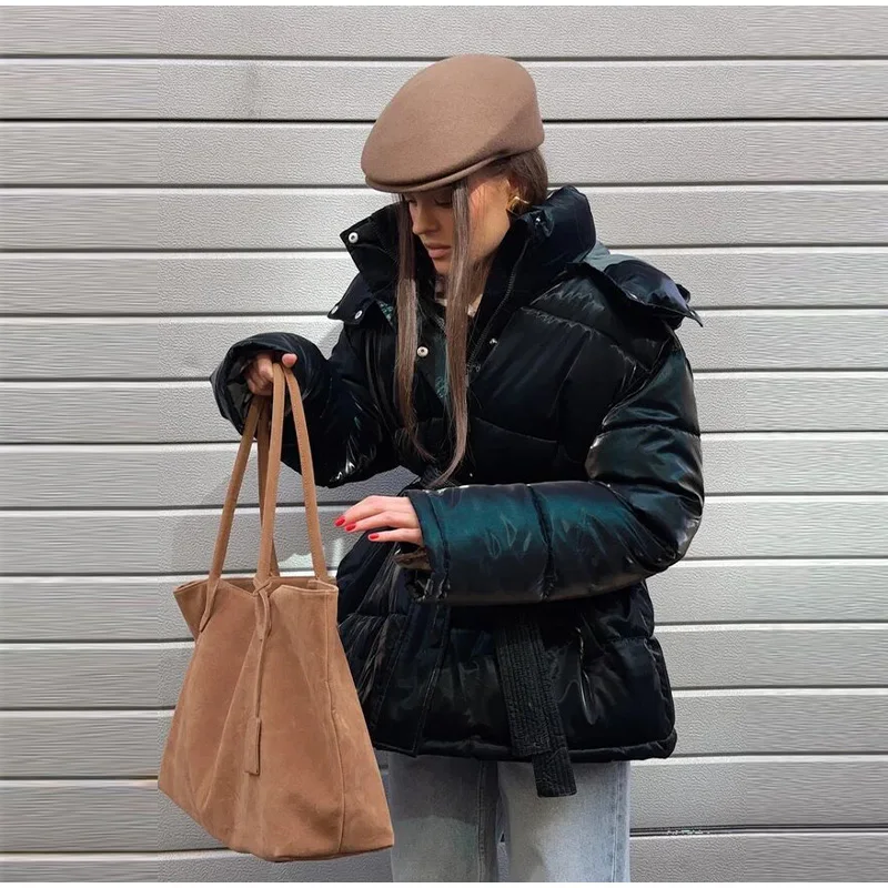 Reflective Fabric Hooded Cotton Jacket Woman Lace up Solid Color Loose Zipper Casual Coats Street Chic Women's New Warm Jackets