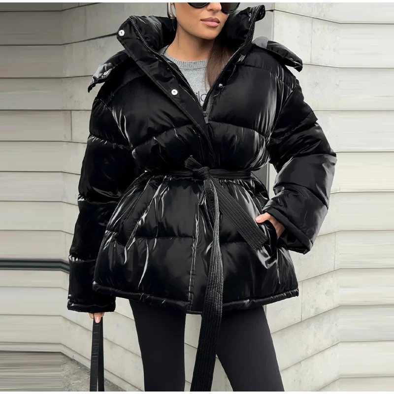 Reflective Fabric Hooded Cotton Jacket Woman Lace up Solid Color Loose Zipper Casual Coats Street Chic Women's New Warm Jackets