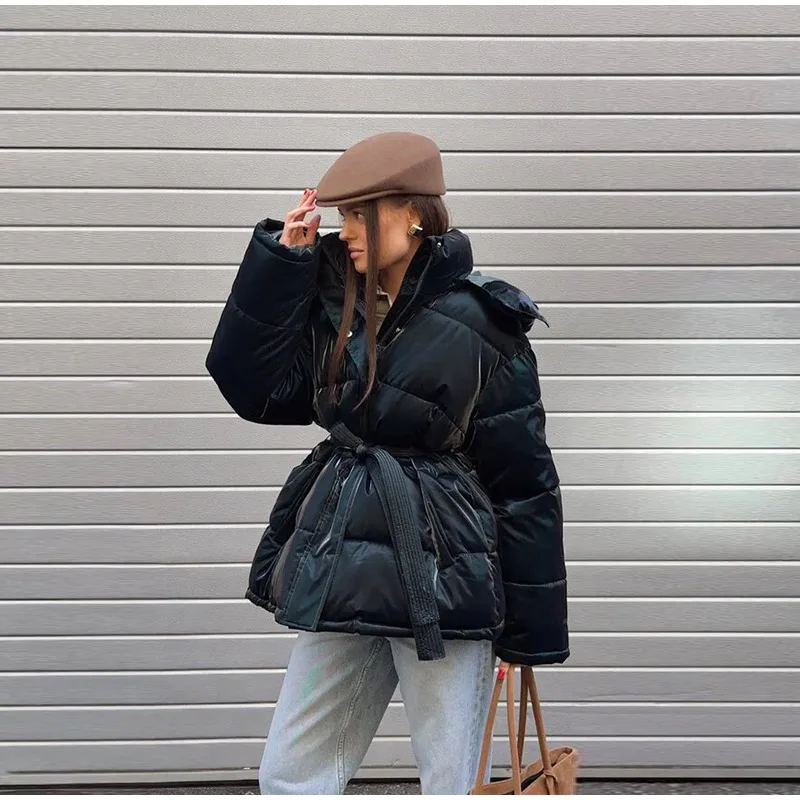 Reflective Fabric Hooded Cotton Jacket Woman Lace up Solid Color Loose Zipper Casual Coats Street Chic Women's New Warm Jackets
