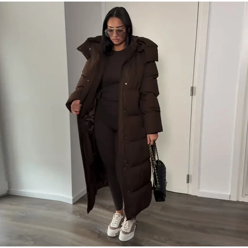 Fashion Hooded Lace Up Women's Long Cotton Jacket Loose Solid Zipper Stand Collar Warm Coat 2026 Winter Lady Thick Outwear New