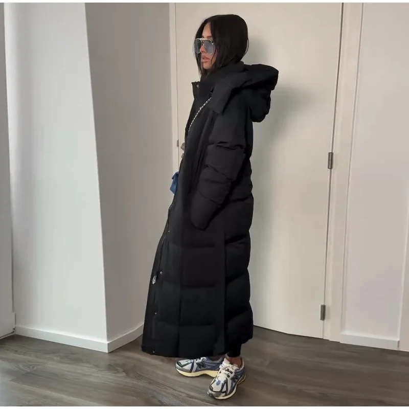 Fashion Hooded Lace Up Women's Long Cotton Jacket Loose Solid Zipper Stand Collar Warm Coat 2026 Winter Lady Thick Outwear New