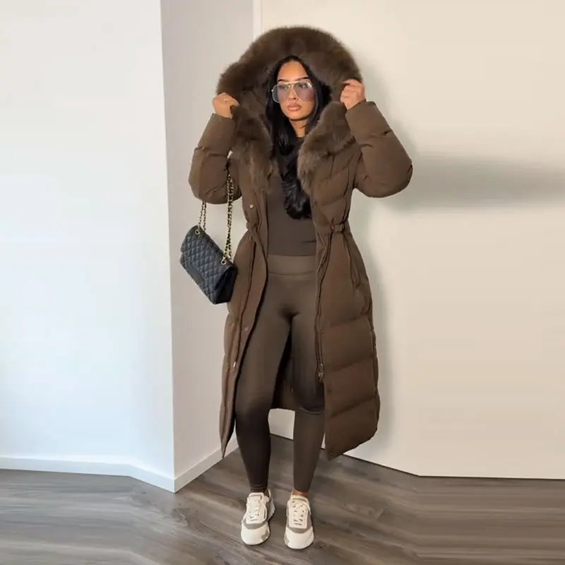 Fashion Hooded Lace Up Women's Long Cotton Jacket Loose Solid Zipper Stand Collar Warm Coat 2026 Winter Lady Thick Outwear New
