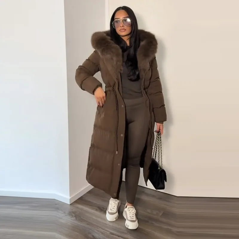Fashion Hooded Lace Up Women's Long Cotton Jacket Loose Solid Zipper Stand Collar Warm Coat 2026 Winter Lady Thick Outwear New