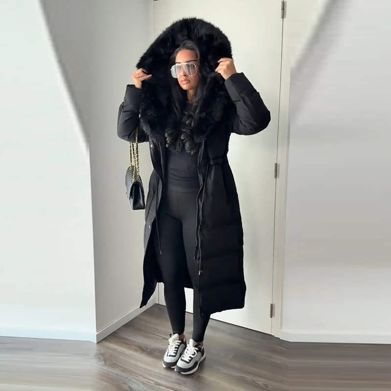 Fashion Hooded Lace Up Women's Long Cotton Jacket Loose Solid Zipper Stand Collar Warm Coat 2026 Winter Lady Thick Outwear New