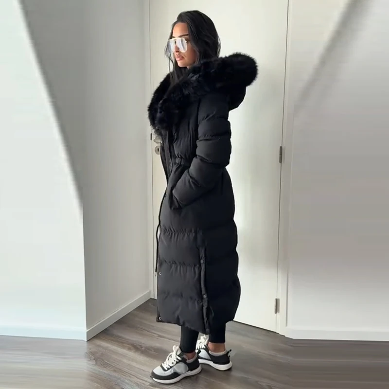 Fashion Hooded Lace Up Women's Long Cotton Jacket Loose Solid Zipper Stand Collar Warm Coat 2026 Winter Lady Thick Outwear New