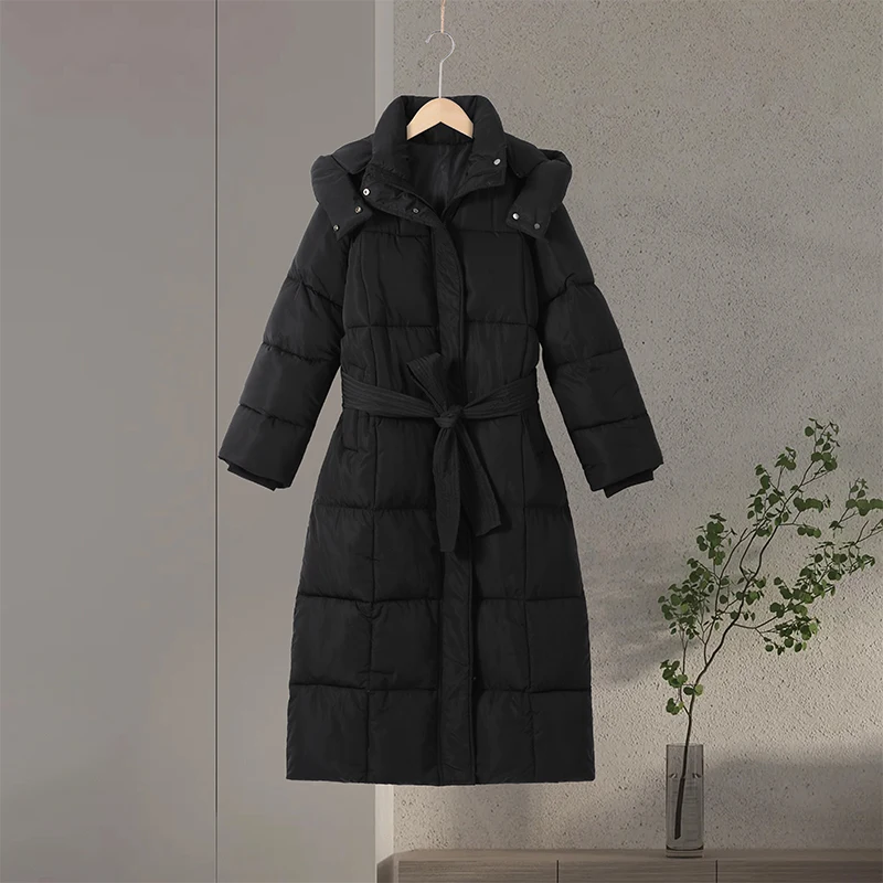 Fashion Hooded Lace Up Women's Long Cotton Jacket Loose Solid Zipper Stand Collar Warm Coat 2026 Winter Lady Thick Outwear New