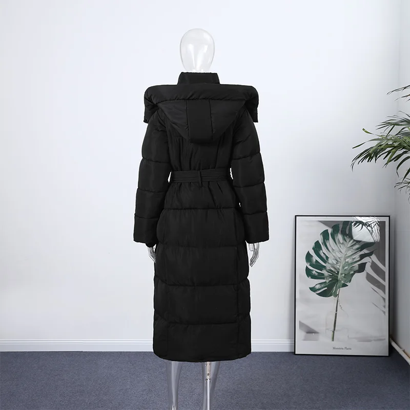 Fashion Hooded Lace Up Women's Long Cotton Jacket Loose Solid Zipper Stand Collar Warm Coat 2026 Winter Lady Thick Outwear New