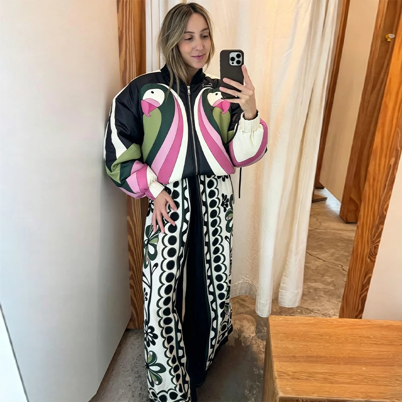 Casual Printed Women's Cotton Coats Zippers Stand Collar Thicken Loose Lady Short Coats 2026 Autumn Winter Fashion Female Top