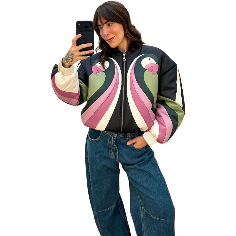 Casual Printed Women's Cotton Coats Zippers Stand Collar Thicken Loose Lady Short Coats 2026 Autumn Winter Fashion Female Top