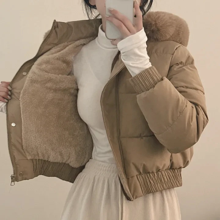 New Winter Warm Hooded Down Cotton Jacket Women Thickened Fleece Lining Big Fur Collar Long Sleeve Short Parkas Jacket Coat
