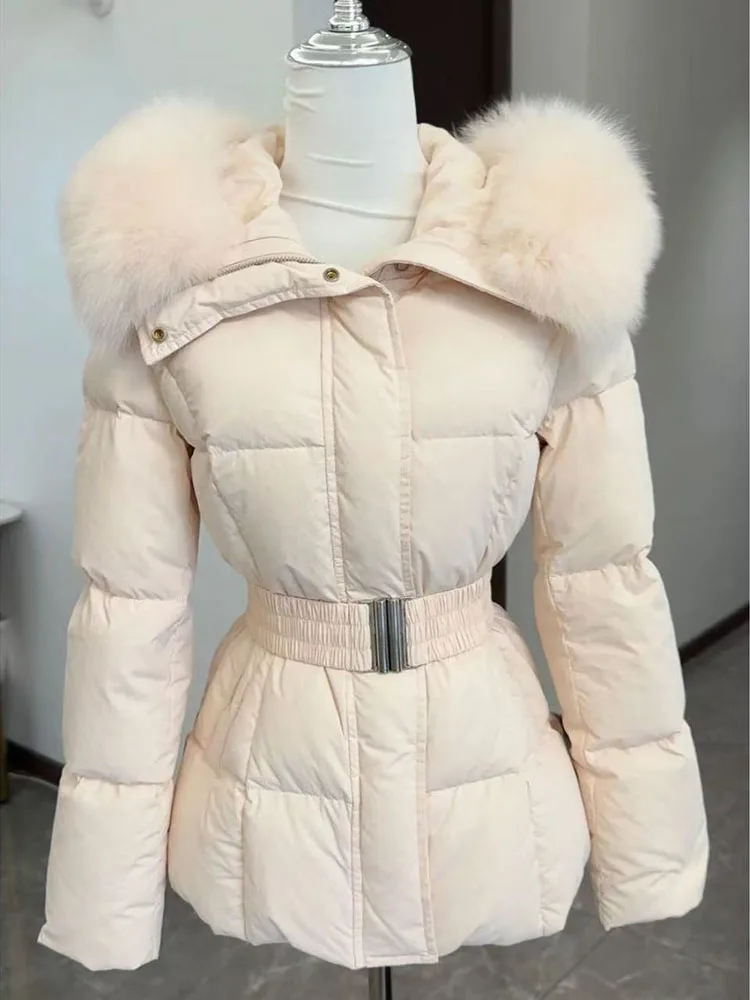 Winter Women's Faux Fur Collar Hooded Parkas Fashion Belt Thick Padded Cotton Jacket Women Slim Fit Solid Zipper Puffer Jackets