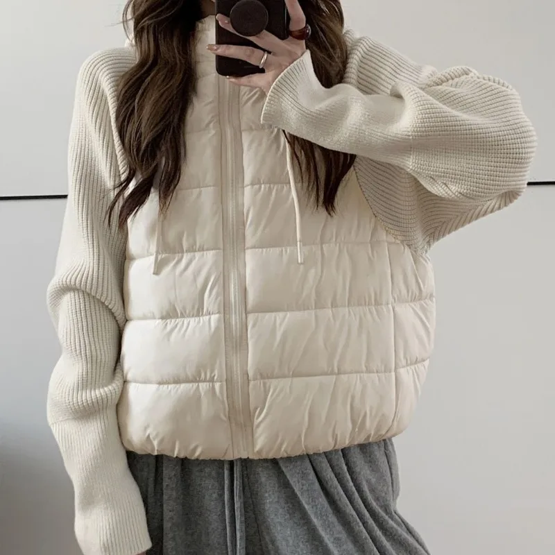 Matakawa Knitted Patchwork Autumn Winter Jackets for Women Light Weight Short Parkas Coats Korean Fashion Solid Chaquetas