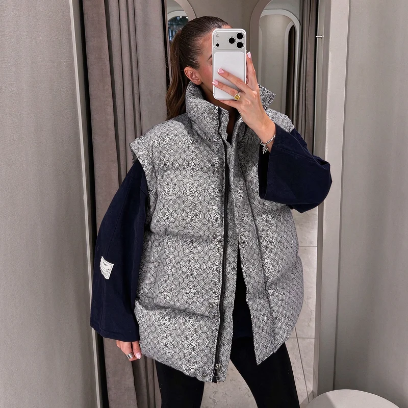 Casual Women's Printed Hooded Cotton Padded Coat Loose Long Detachable Sleeve Zipper Buttons Coats 2026 Winter Lady Warm Jacket