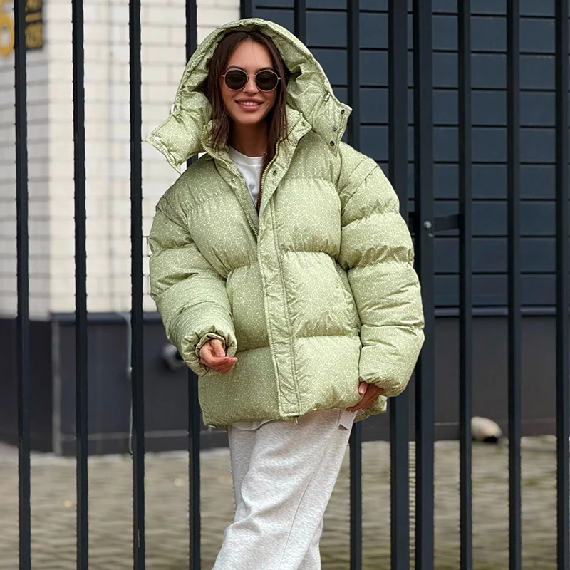 Casual Women's Printed Hooded Cotton Padded Coat Loose Long Detachable Sleeve Zipper Buttons Coats 2026 Winter Lady Warm Jacket