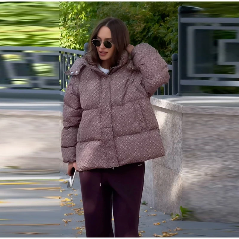 Casual Women's Printed Hooded Cotton Padded Coat Loose Long Detachable Sleeve Zipper Buttons Coats 2026 Winter Lady Warm Jacket