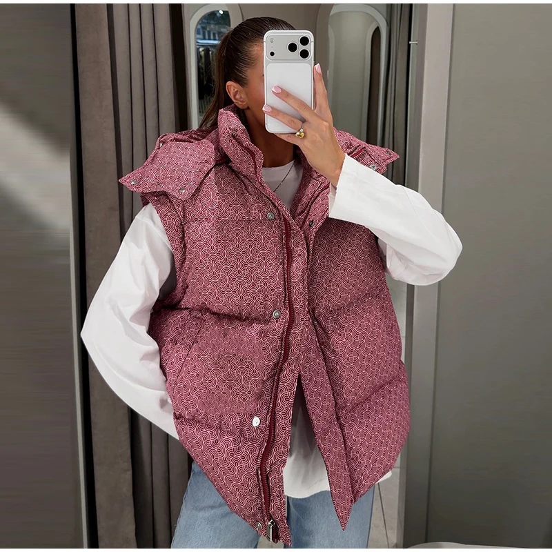 Casual Women's Printed Hooded Cotton Padded Coat Loose Long Detachable Sleeve Zipper Buttons Coats 2026 Winter Lady Warm Jacket
