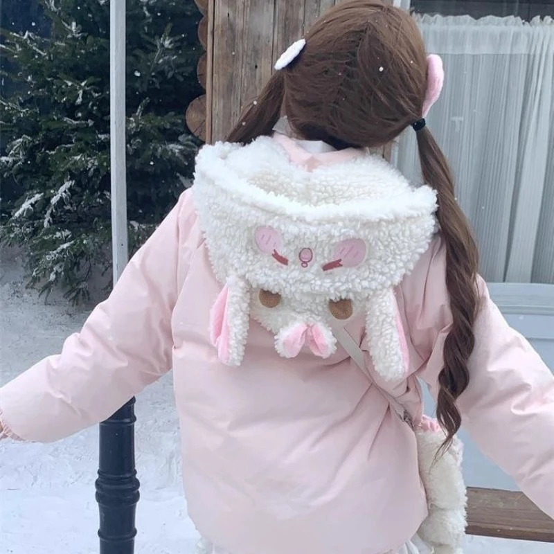 Japanese Kawaii Lolita Style Women Parka Harajuku Zippers Rabbit Ears Hooded Jacket Y2k Aesthetic Velvet Lined Down Padded Coat