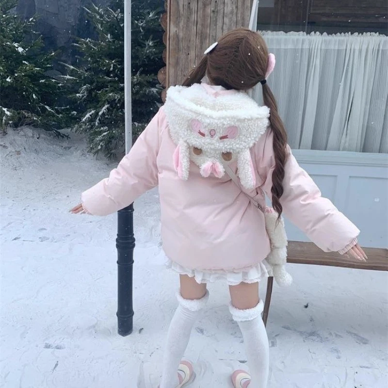 Japanese Kawaii Lolita Style Women Parka Harajuku Zippers Rabbit Ears Hooded Jacket Y2k Aesthetic Velvet Lined Down Padded Coat