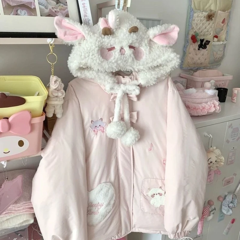 Japanese Kawaii Lolita Style Women Parka Harajuku Zippers Rabbit Ears Hooded Jacket Y2k Aesthetic Velvet Lined Down Padded Coat