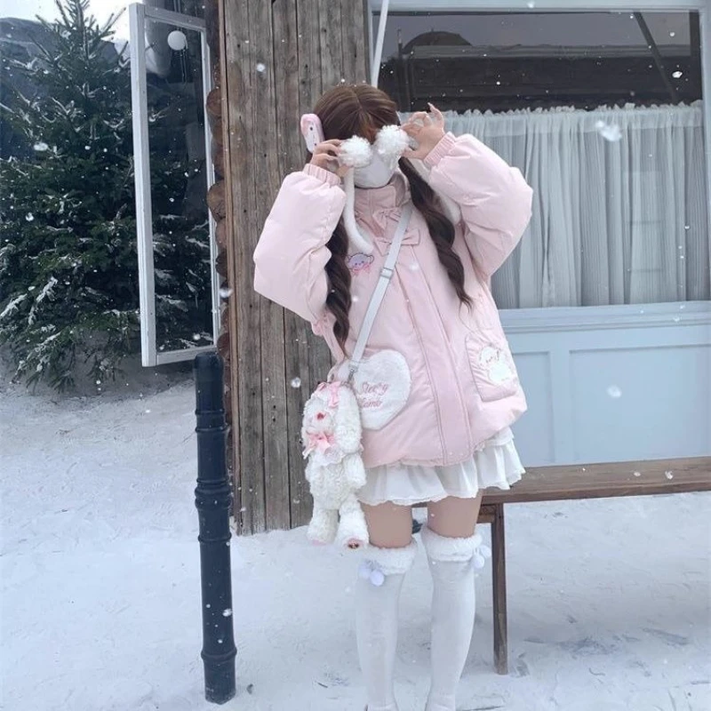 Japanese Kawaii Lolita Style Women Parka Harajuku Zippers Rabbit Ears Hooded Jacket Y2k Aesthetic Velvet Lined Down Padded Coat