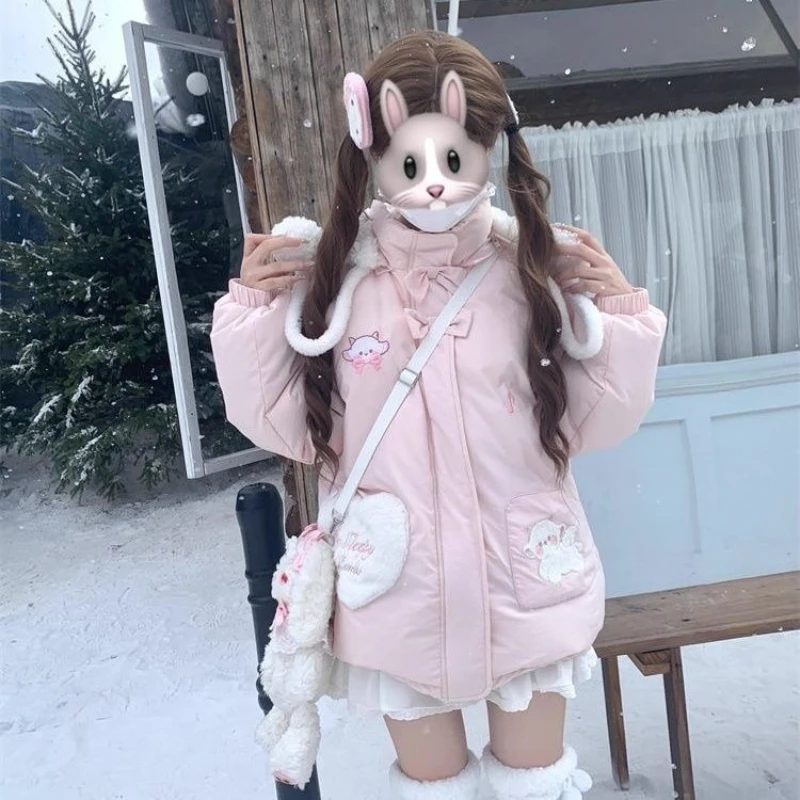 Japanese Kawaii Lolita Style Women Parka Harajuku Zippers Rabbit Ears Hooded Jacket Y2k Aesthetic Velvet Lined Down Padded Coat