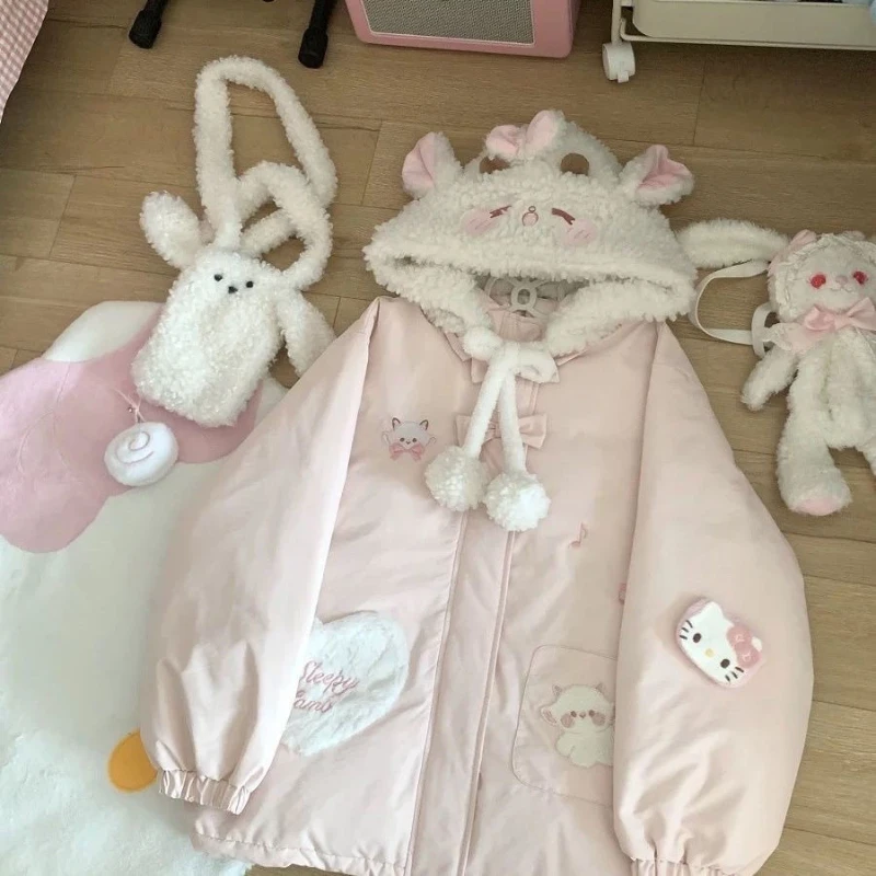 Japanese Kawaii Lolita Style Women Parka Harajuku Zippers Rabbit Ears Hooded Jacket Y2k Aesthetic Velvet Lined Down Padded Coat