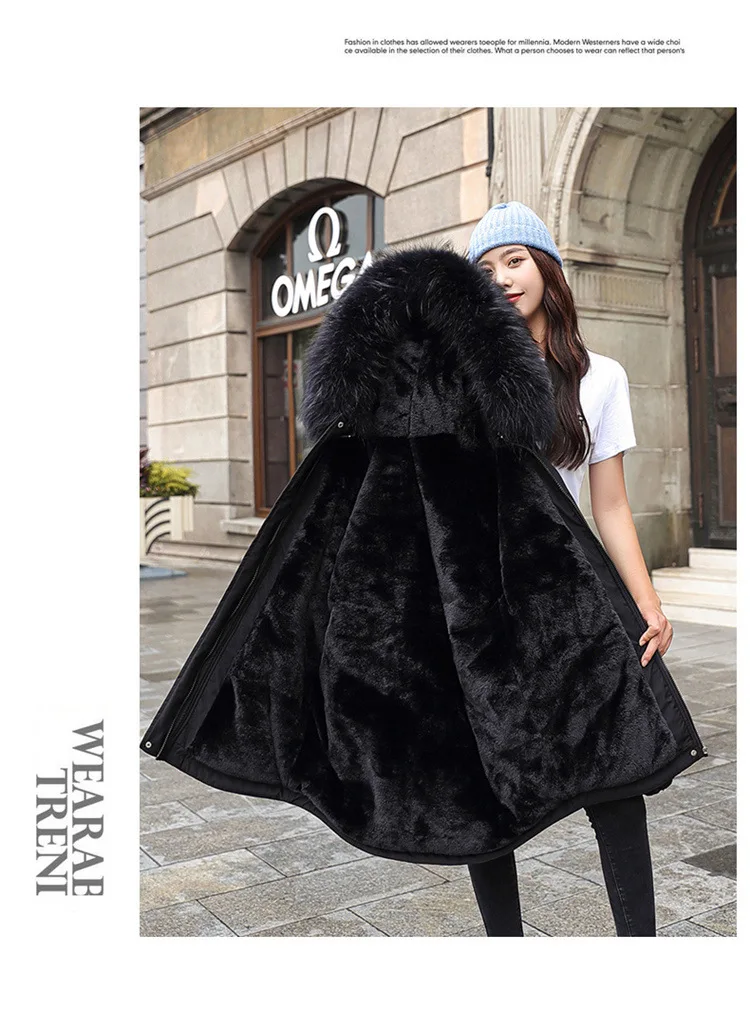 Women Hooded Parkas Coats Mid Lenth Jackets Oversize Solid Fur Collar Zipper Drawstring Loose Elegant Casual 2025 Autumn Winter