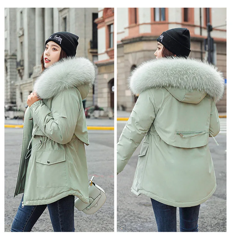 Women Hooded Parkas Coats Mid Lenth Jackets Oversize Solid Fur Collar Zipper Drawstring Loose Elegant Casual 2025 Autumn Winter