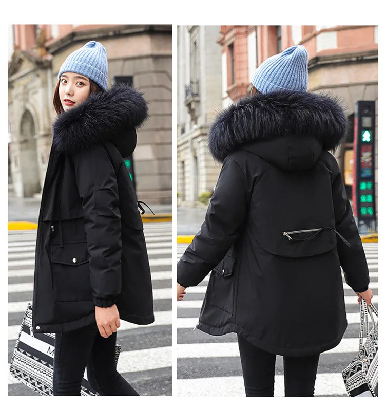 Women Hooded Parkas Coats Mid Lenth Jackets Oversize Solid Fur Collar Zipper Drawstring Loose Elegant Casual 2025 Autumn Winter