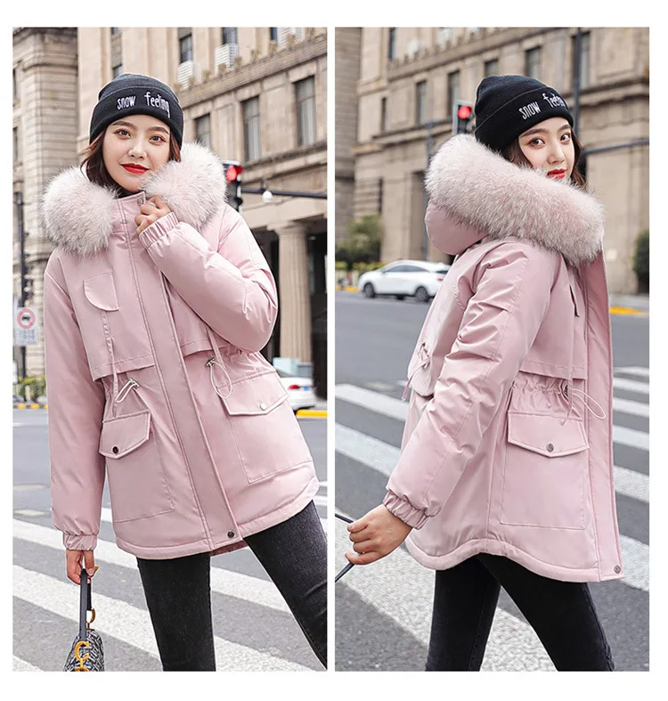 Women Hooded Parkas Coats Mid Lenth Jackets Oversize Solid Fur Collar Zipper Drawstring Loose Elegant Casual 2025 Autumn Winter