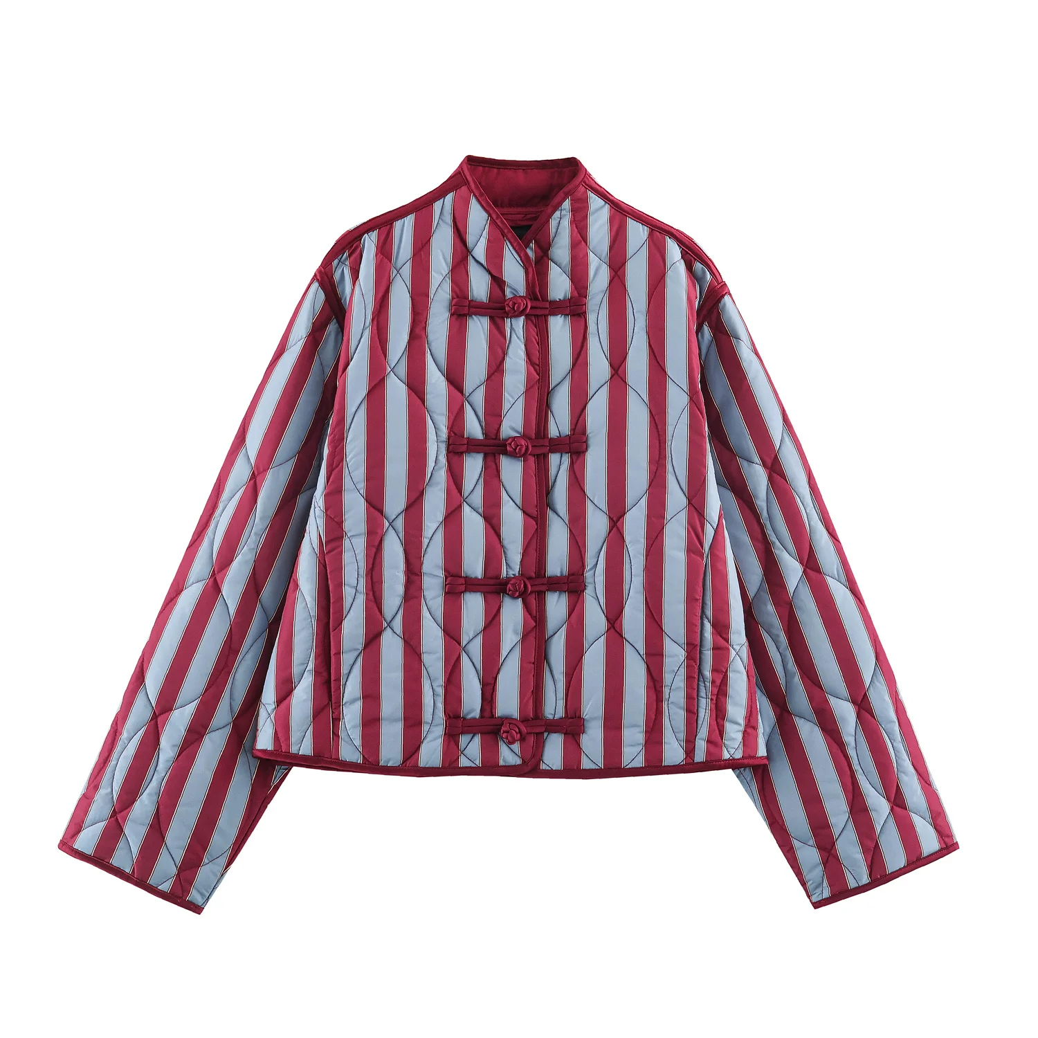 2026 Autumn Winter Women's Elegant Striped Warm Padded Parkas Coats Lady Vintage Chinese Knotted Buttons Loose Pocket Jackets