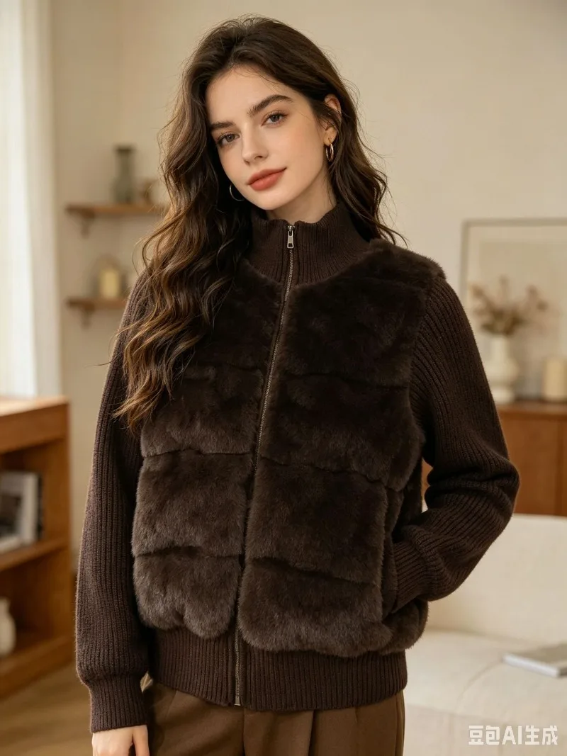 Women Winter Knitted Splicing Imitation Mink Cotton Padded Jacket 2026 New Warm Small Fragrance Jacket Female Parkas Outerwear