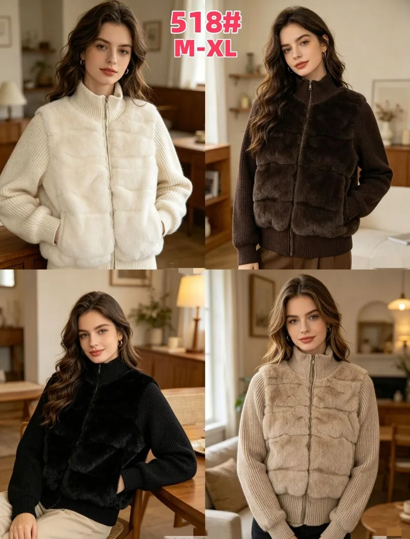 Women Winter Knitted Splicing Imitation Mink Cotton Padded Jacket 2026 New Warm Small Fragrance Jacket Female Parkas Outerwear