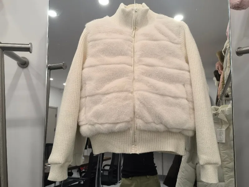 Women Winter Knitted Splicing Imitation Mink Cotton Padded Jacket 2026 New Warm Small Fragrance Jacket Female Parkas Outerwear