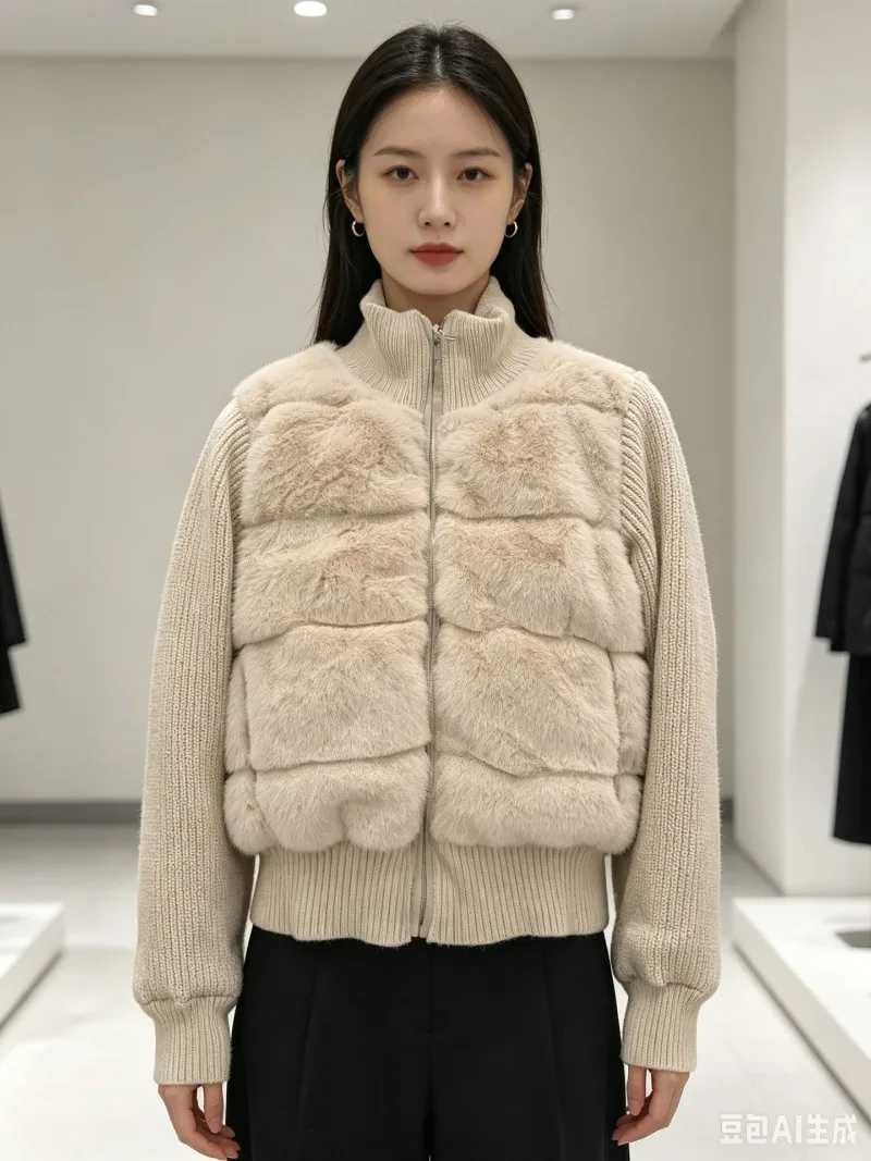 Women Winter Knitted Splicing Imitation Mink Cotton Padded Jacket 2026 New Warm Small Fragrance Jacket Female Parkas Outerwear