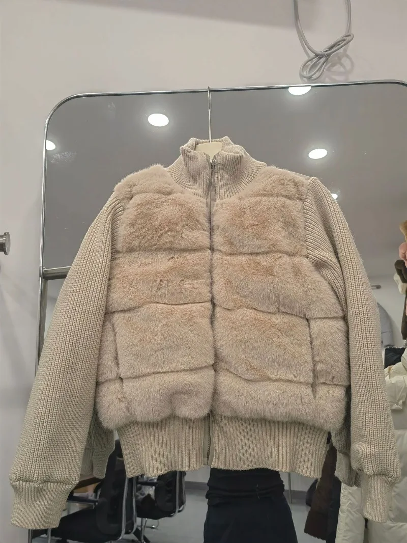 Women Winter Knitted Splicing Imitation Mink Cotton Padded Jacket 2026 New Warm Small Fragrance Jacket Female Parkas Outerwear