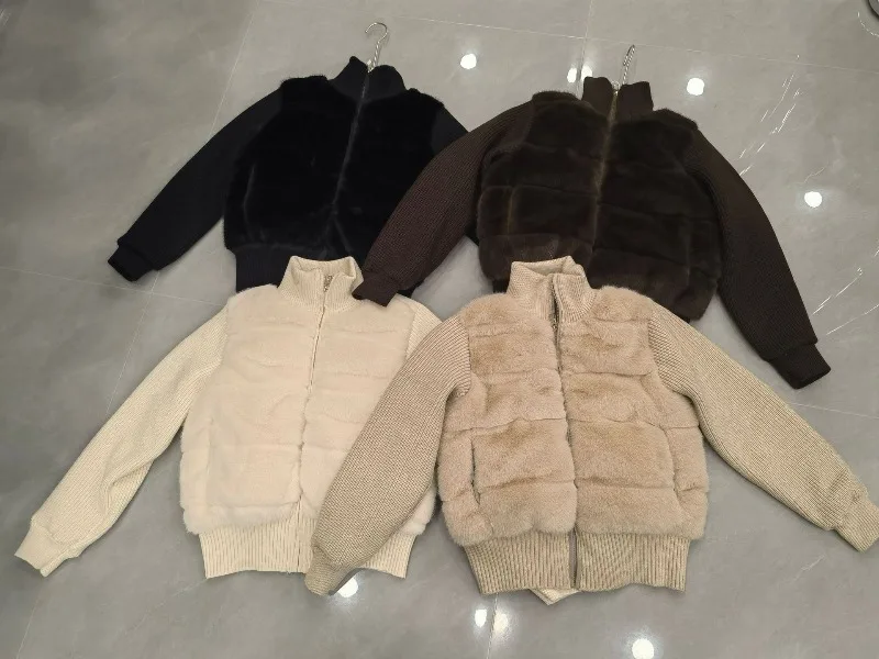 Women Winter Knitted Splicing Imitation Mink Cotton Padded Jacket 2026 New Warm Small Fragrance Jacket Female Parkas Outerwear