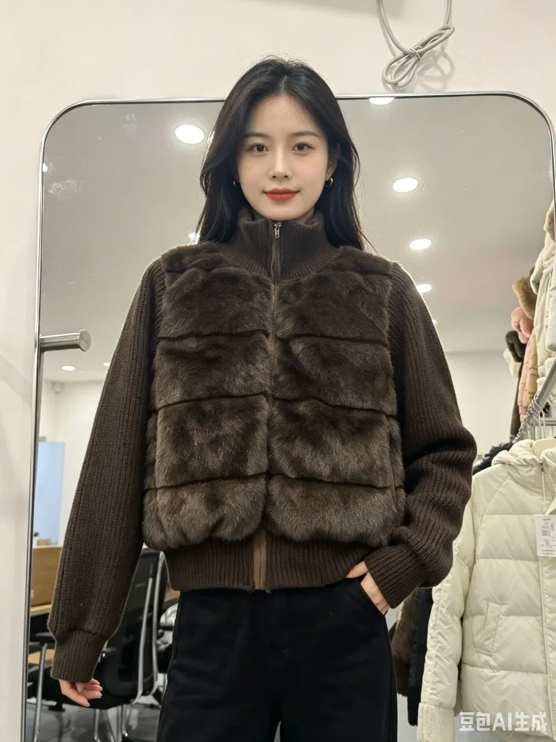 Women Winter Knitted Splicing Imitation Mink Cotton Padded Jacket 2026 New Warm Small Fragrance Jacket Female Parkas Outerwear