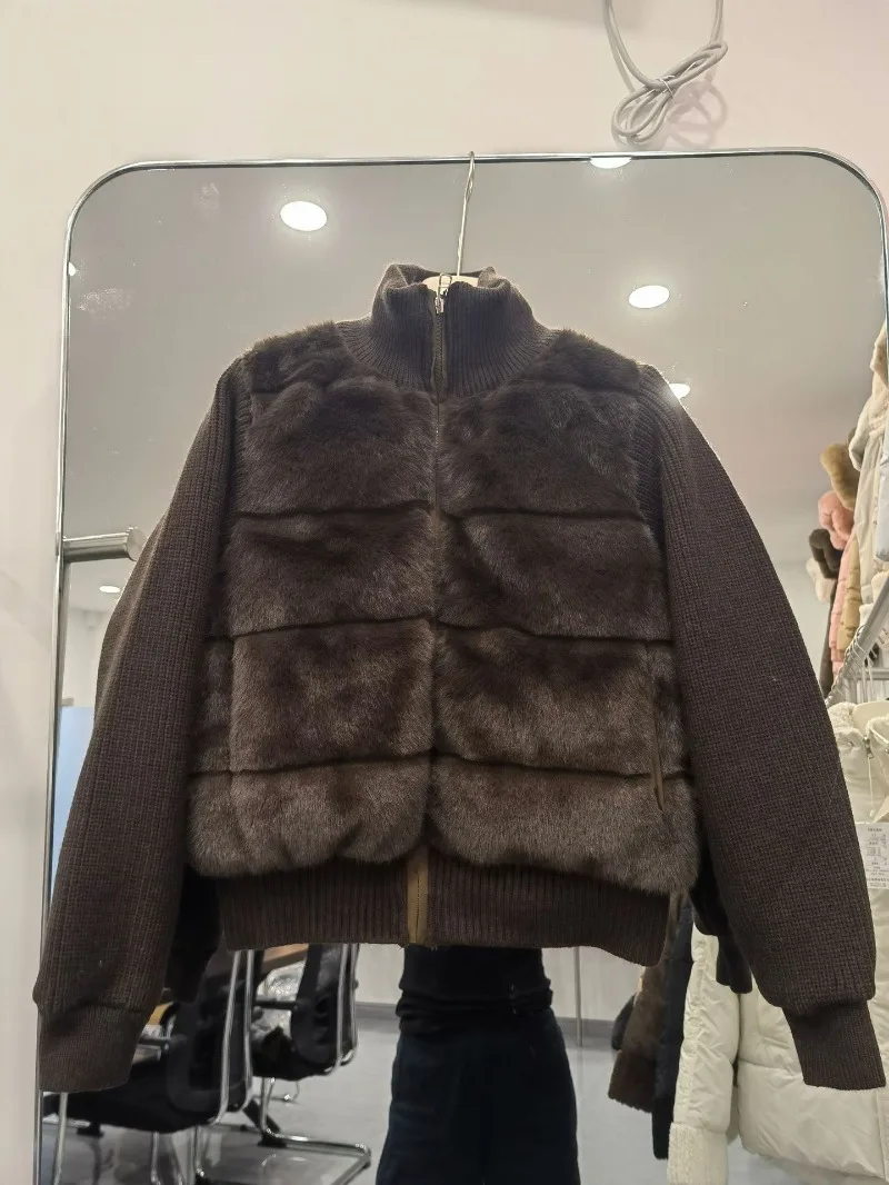 Women Winter Knitted Splicing Imitation Mink Cotton Padded Jacket 2026 New Warm Small Fragrance Jacket Female Parkas Outerwear