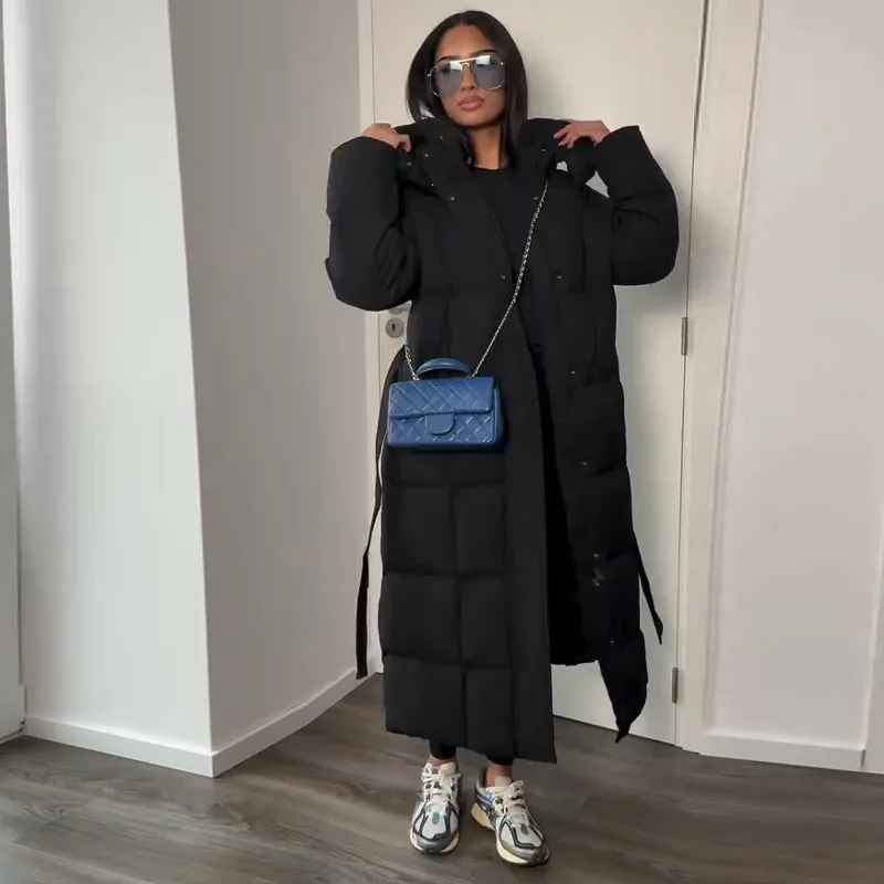 Women Detachable Triangle Shawl Long Puffer Coat Waist Tie Belted Stand Collar Oversize 2026 Casual Warm Winter Cotton Outerwear