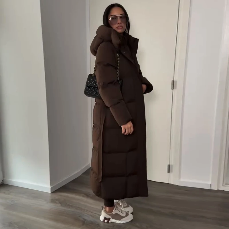 Women Detachable Triangle Shawl Long Puffer Coat Waist Tie Belted Stand Collar Oversize 2026 Casual Warm Winter Cotton Outerwear