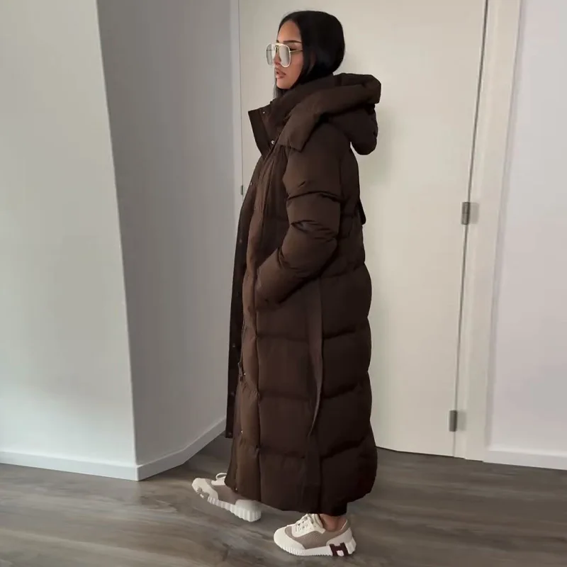 Women Detachable Triangle Shawl Long Puffer Coat Waist Tie Belted Stand Collar Oversize 2026 Casual Warm Winter Cotton Outerwear