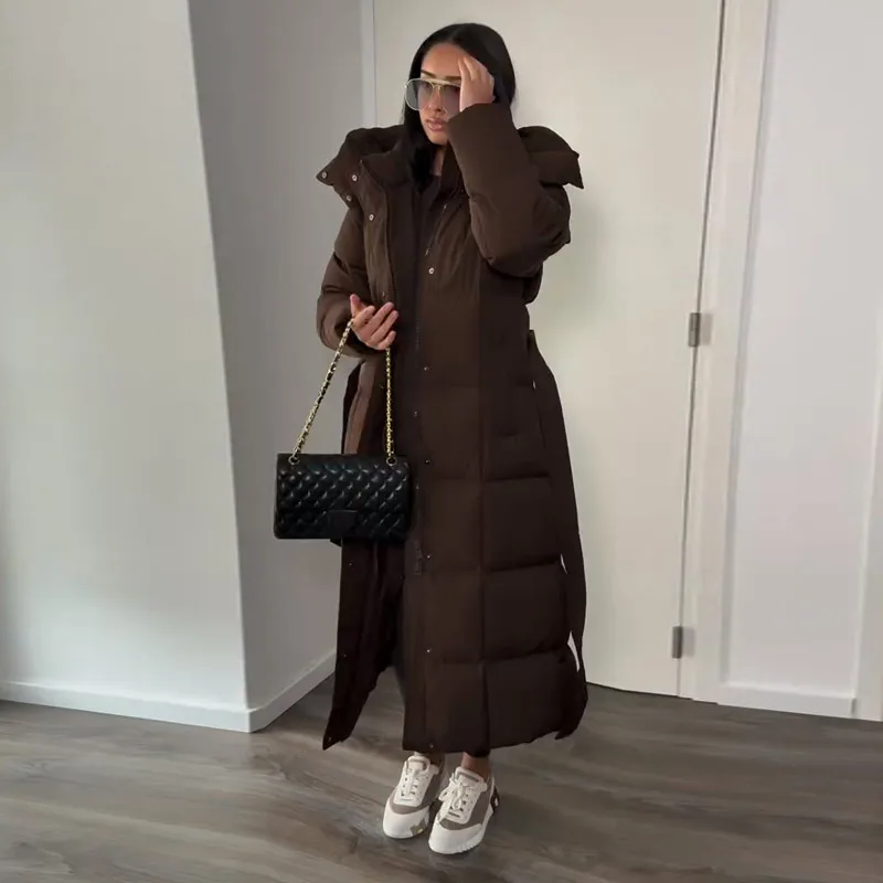 Women Detachable Triangle Shawl Long Puffer Coat Waist Tie Belted Stand Collar Oversize 2026 Casual Warm Winter Cotton Outerwear