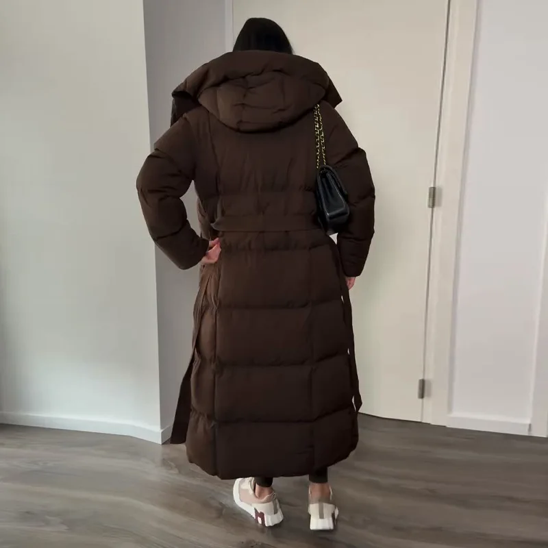 Women Detachable Triangle Shawl Long Puffer Coat Waist Tie Belted Stand Collar Oversize 2026 Casual Warm Winter Cotton Outerwear