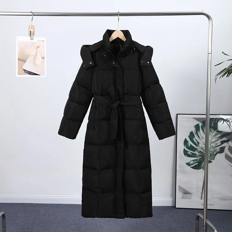 Women Detachable Triangle Shawl Long Puffer Coat Waist Tie Belted Stand Collar Oversize 2026 Casual Warm Winter Cotton Outerwear